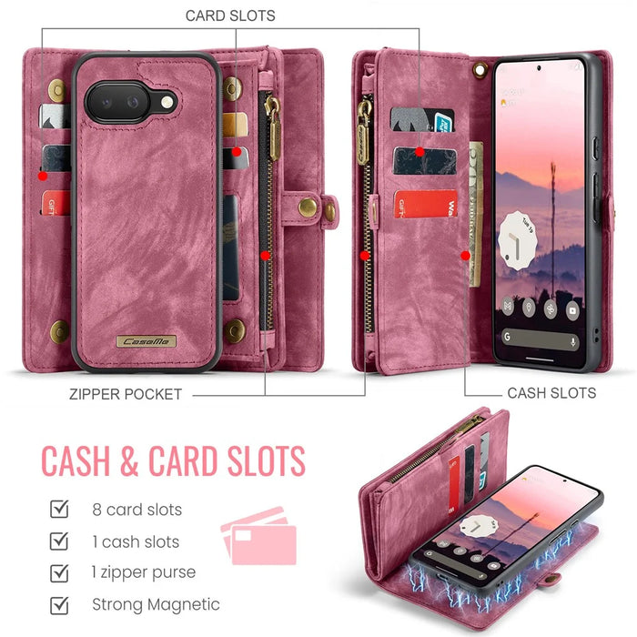 CASEME For Google Pixel 9a Phone Cases  008 Leather Cover with Detachable Wallet and Strap - Red - 3
