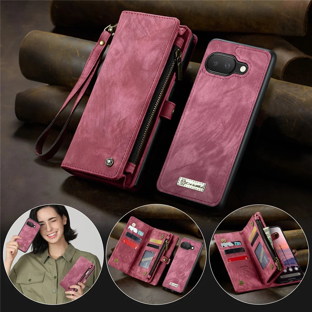 CASEME For Google Pixel 9a Phone Cases  008 Leather Cover with Detachable Wallet and Strap - Red - 5
