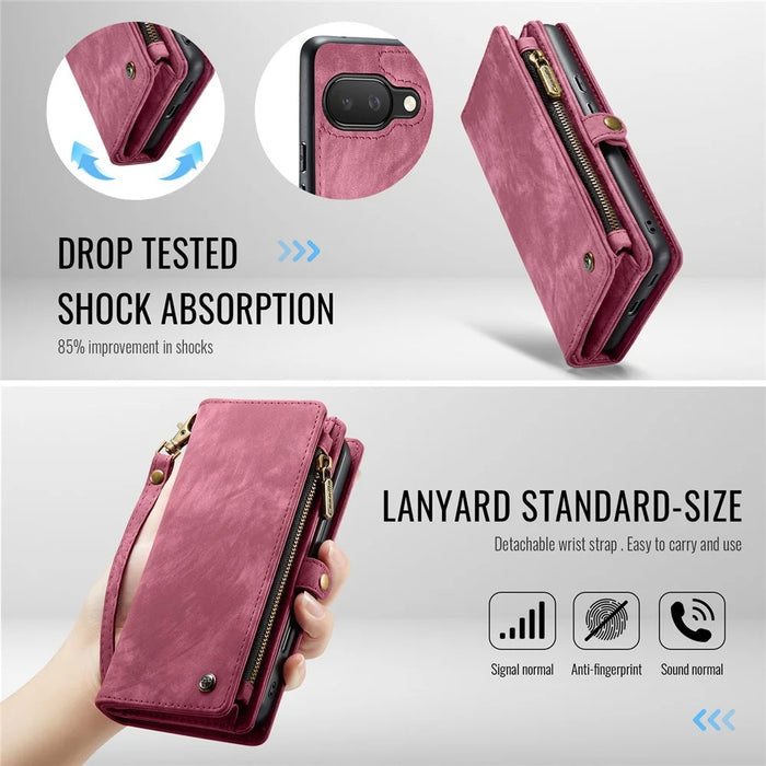 CASEME For Google Pixel 9a Phone Cases  008 Leather Cover with Detachable Wallet and Strap - Red - 7