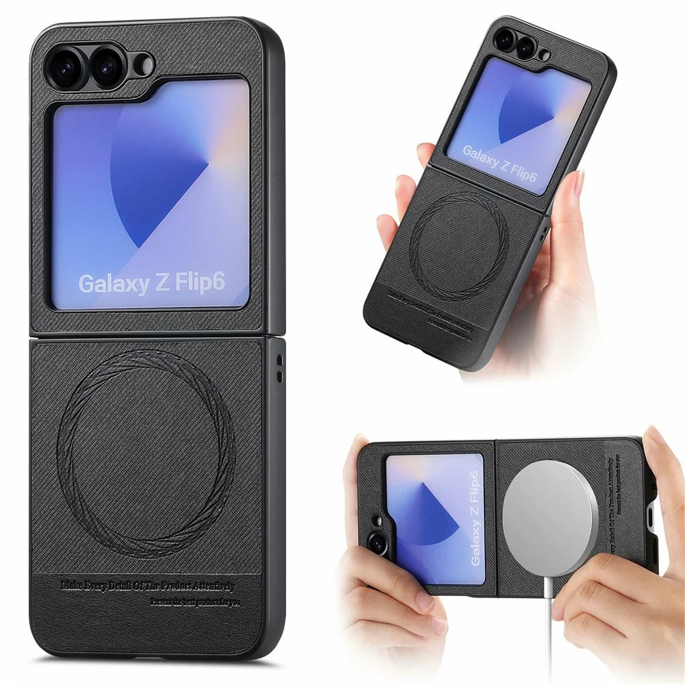 For Samsung Galaxy Z Flip7 FE 5G / Z Flip6 5G Magnetic Case Denim Texture Leather Back Cover - Black - 1