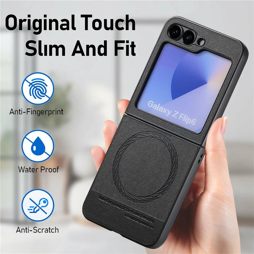 For Samsung Galaxy Z Flip7 FE 5G / Z Flip6 5G Magnetic Case Denim Texture Leather Back Cover - Black - 5