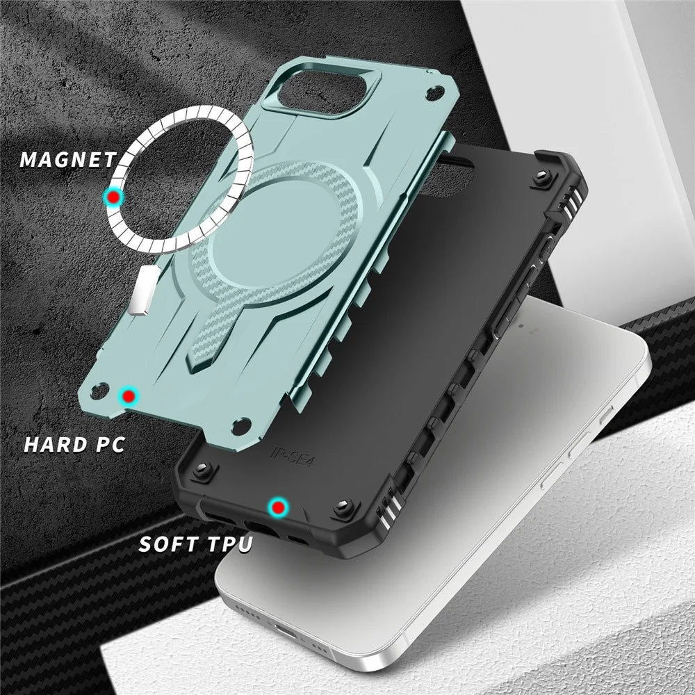 For iPhone 17e / 16e Case Compatible with MagSafe Four Corner Airbags PC + TPU Phone Cover - Midnight Green - 6