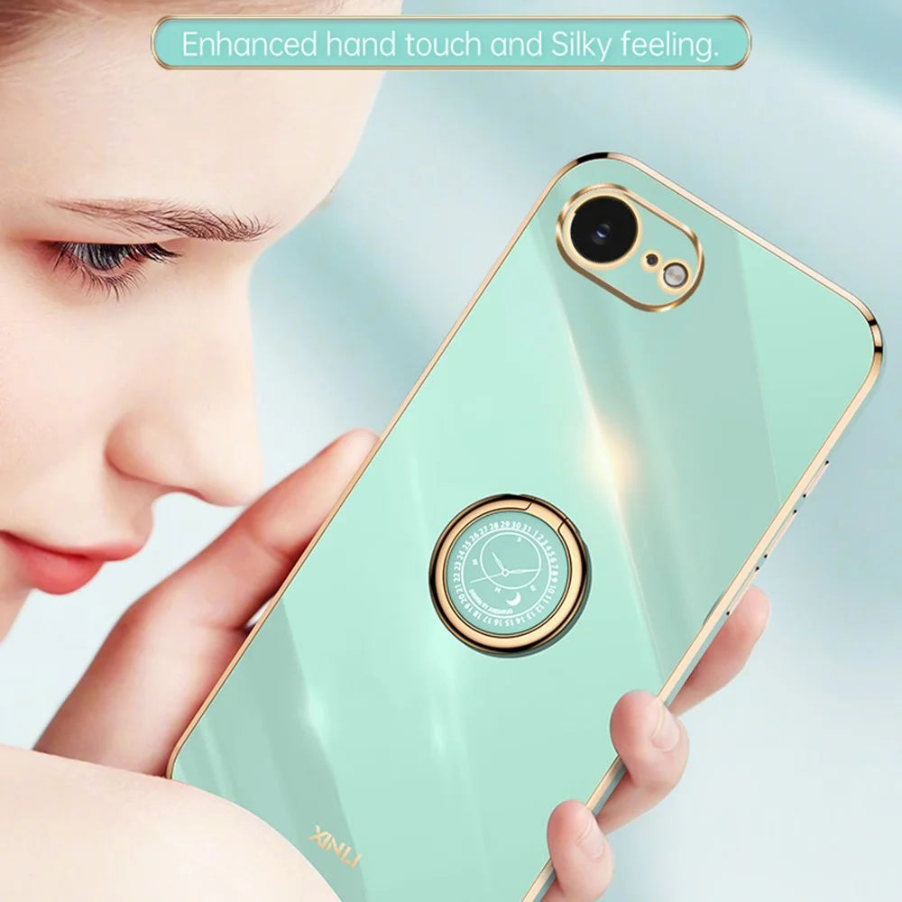 XINLI For iPhone 17e / 16e Case Ring Kickstand Electroplating TPU Phone Cover - Cyan - 3