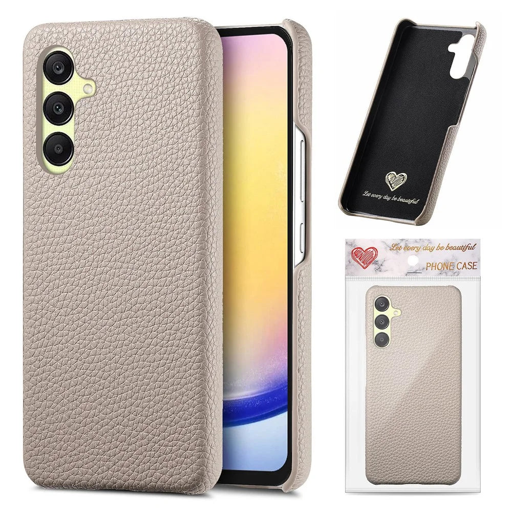 For Samsung Galaxy S25 Case Litchi Texture Leather Coated PC Mobile Back Cover - Khaki Grey - 1