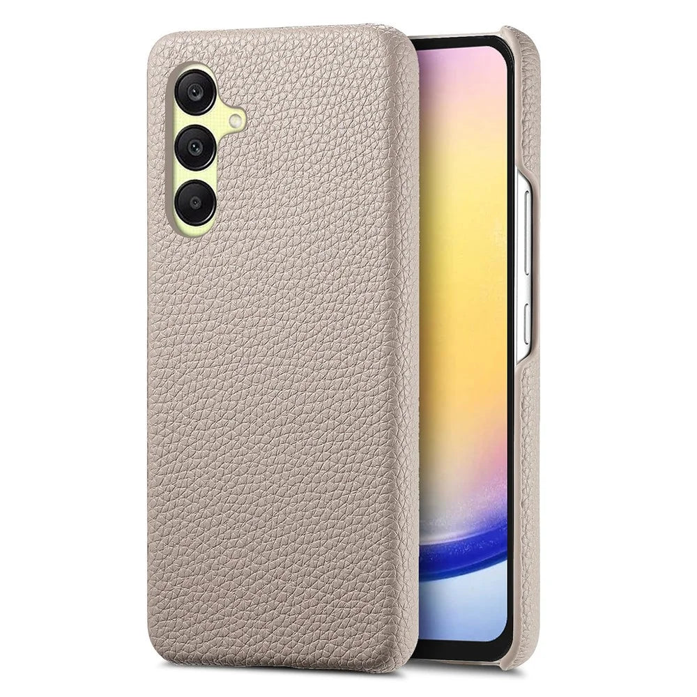 For Samsung Galaxy S25 Case Litchi Texture Leather Coated PC Mobile Back Cover - Khaki Grey - 4