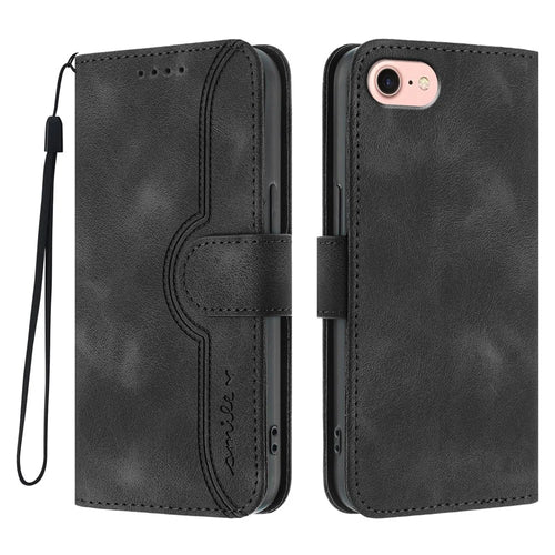 For iPhone 17e / 16e Leather Case Wallet Stand Smile Imprinted Phone Cover with Strap - Black - 1