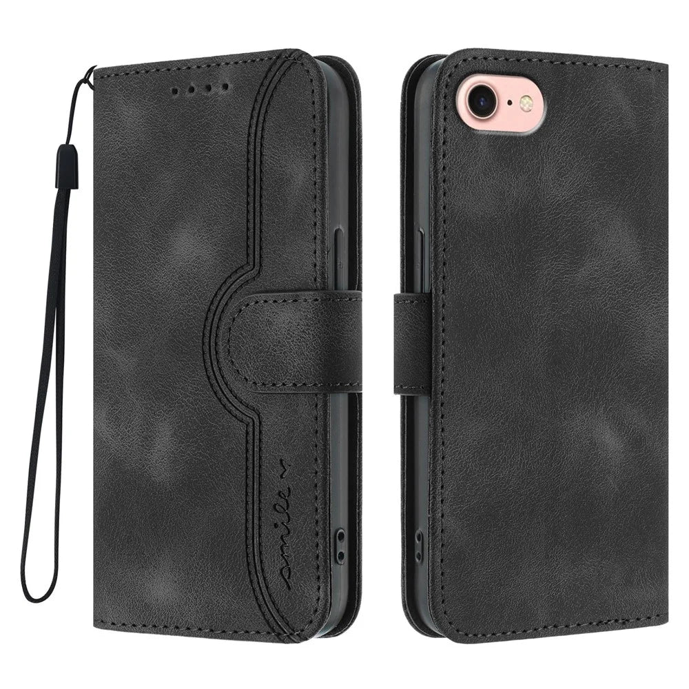 For iPhone 17e / 16e Leather Case Wallet Stand Smile Imprinted Phone Cover with Strap - Black - 1