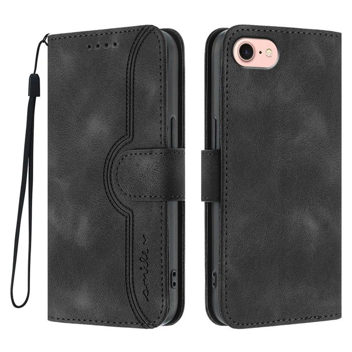 For iPhone 17e / 16e Leather Case Wallet Stand Smile Imprinted Phone Cover with Strap - Black - 1