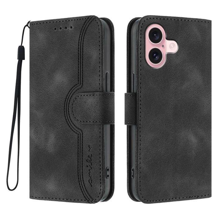 For iPhone 16 Leather Case Wallet Stand Smile Imprinted Phone Cover with Strap - Black - 1