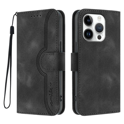 For iPhone 16 Pro Leather Case Wallet Stand Smile Imprinted Phone Cover with Strap - Black - 1