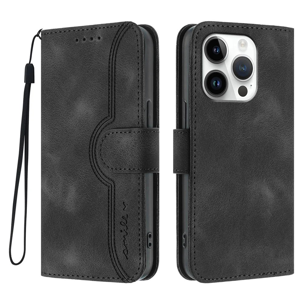 For iPhone 16 Pro Leather Case Wallet Stand Smile Imprinted Phone Cover with Strap - Black - 1