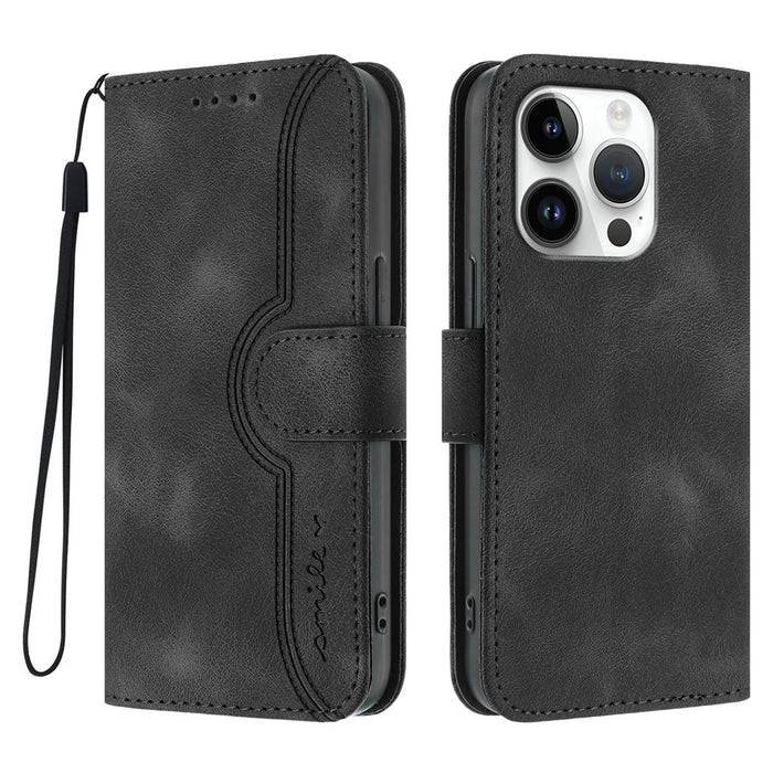 For iPhone 16 Pro Leather Case Wallet Stand Smile Imprinted Phone Cover with Strap - Black - 1