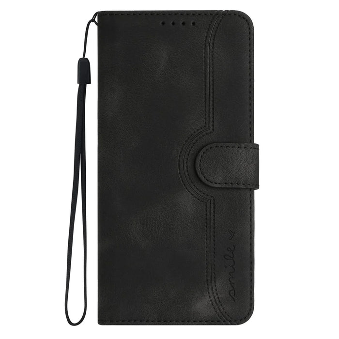For iPhone 16 Pro Leather Case Wallet Stand Smile Imprinted Phone Cover with Strap - Black - 2