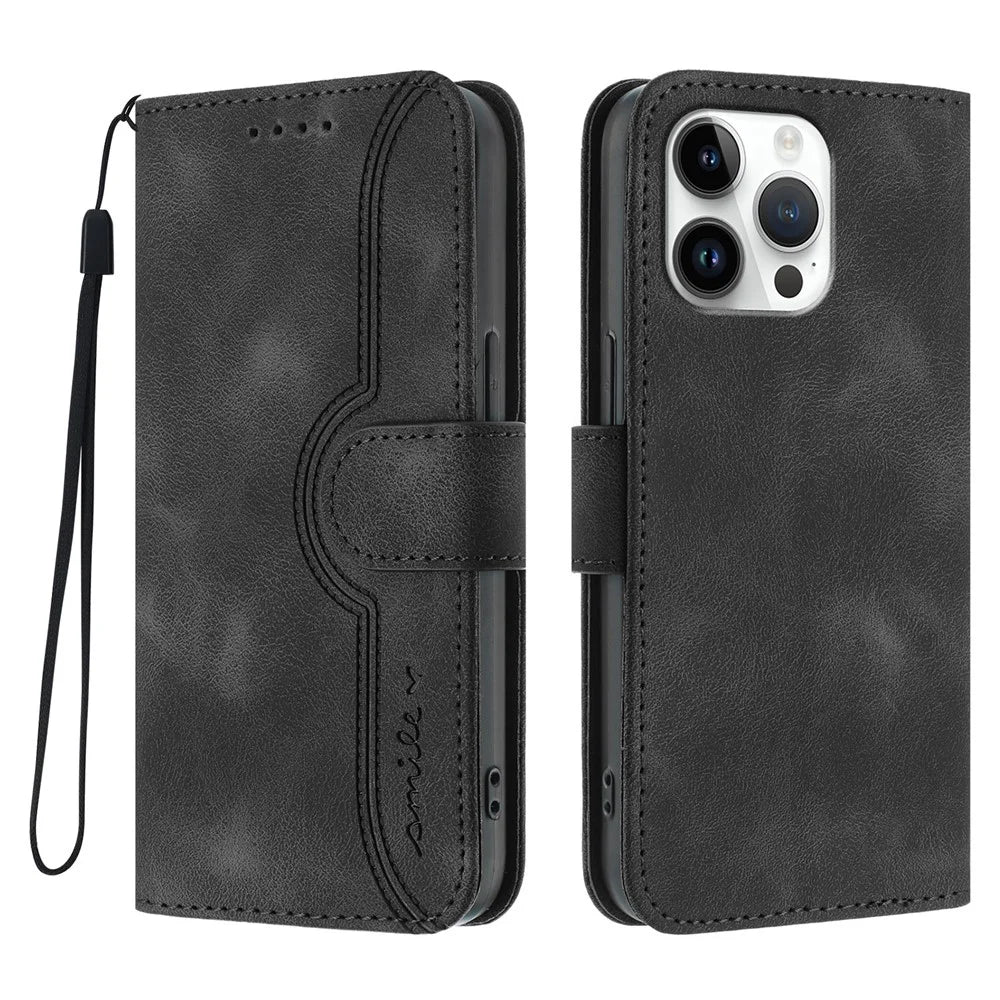 For iPhone 16 Pro Max Leather Case Wallet Stand Smile Imprinted Phone Cover with Strap - Black - 1
