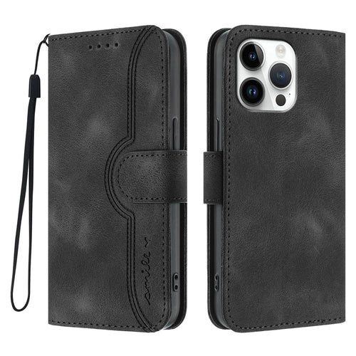 For iPhone 16 Pro Max Leather Case Wallet Stand Smile Imprinted Phone Cover with Strap - Black - 1