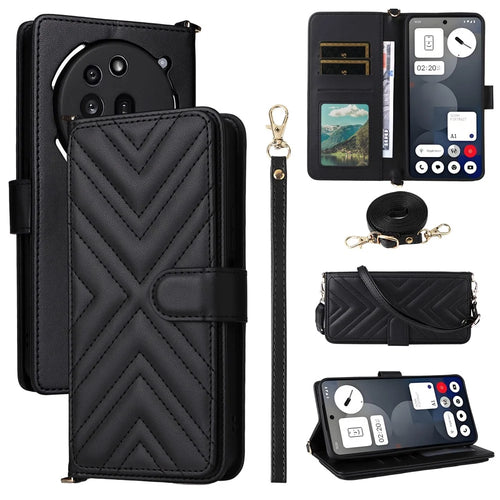 For Nothing Phone (3a) Pro Wallet Case with Shoulder / Wrist Strap Leather Phone Cover Stand - Black - 1