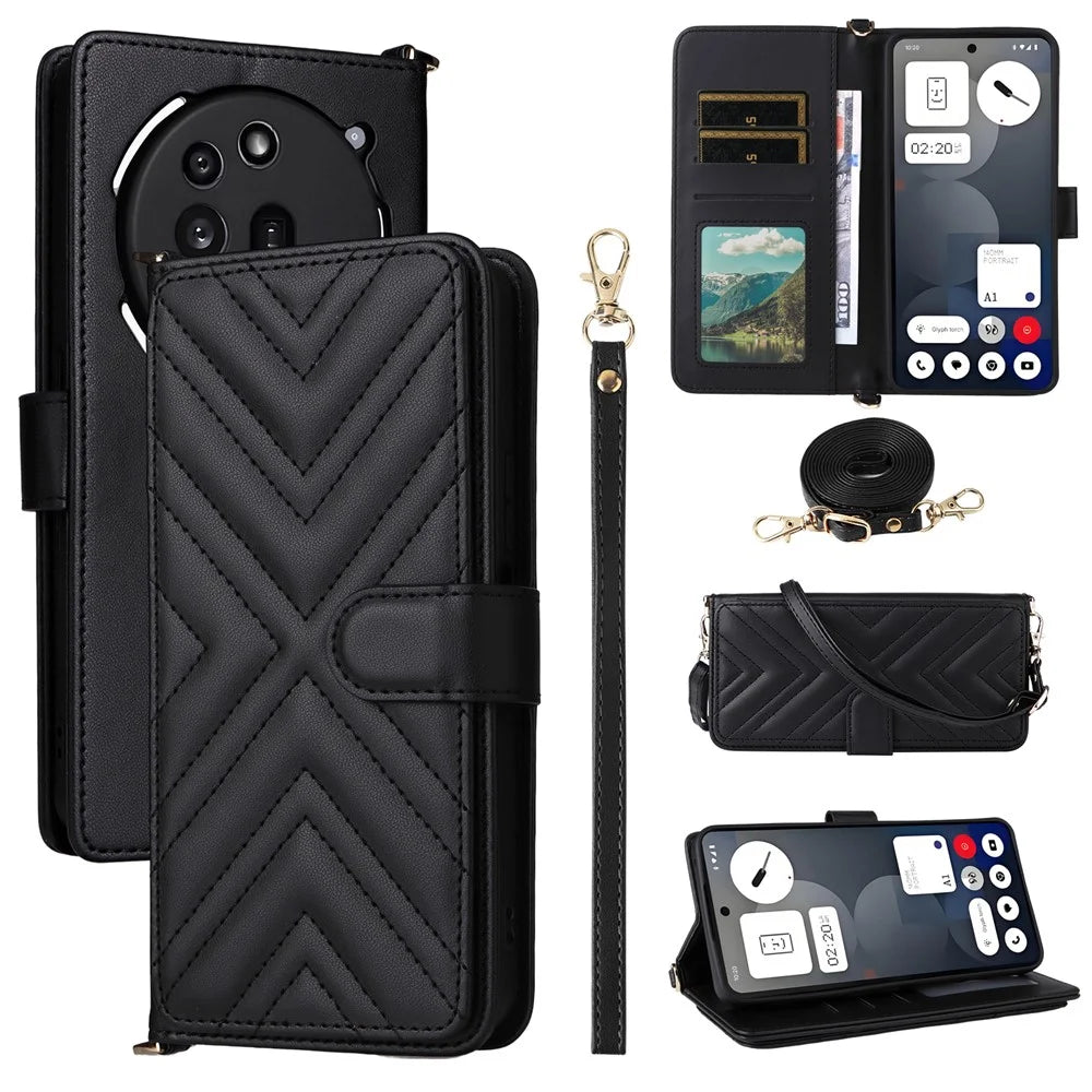 For Nothing Phone (3a) Pro Wallet Case with Shoulder / Wrist Strap Leather Phone Cover Stand - Black - 1