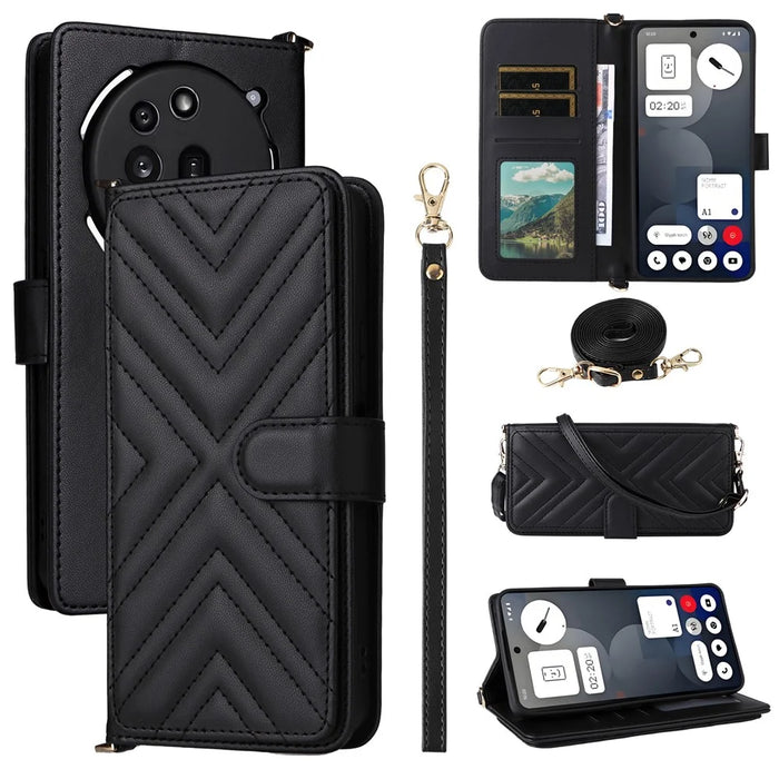 For Nothing Phone (3a) Pro Wallet Case with Shoulder / Wrist Strap Leather Phone Cover Stand - Black - 1