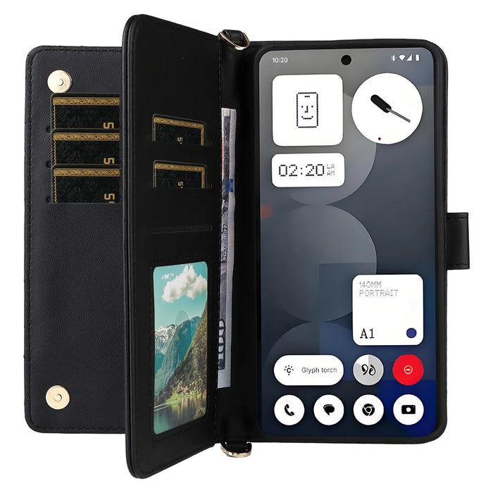 For Nothing Phone (3a) Pro Wallet Case with Shoulder / Wrist Strap Leather Phone Cover Stand - Black - 2