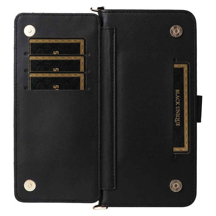 For Nothing Phone (3a) Pro Wallet Case with Shoulder / Wrist Strap Leather Phone Cover Stand - Black - 3