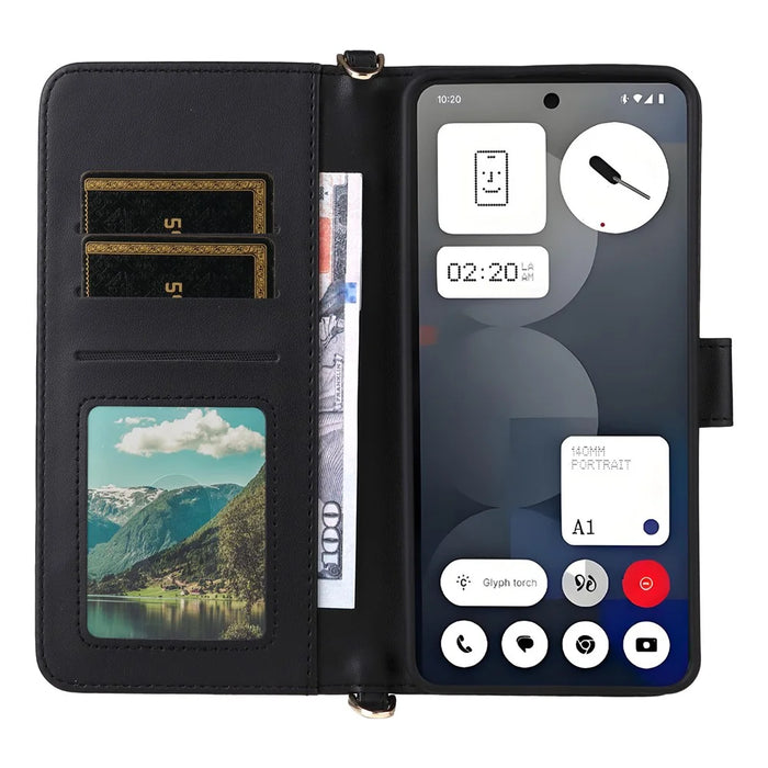 For Nothing Phone (3a) Pro Wallet Case with Shoulder / Wrist Strap Leather Phone Cover Stand - Black - 4