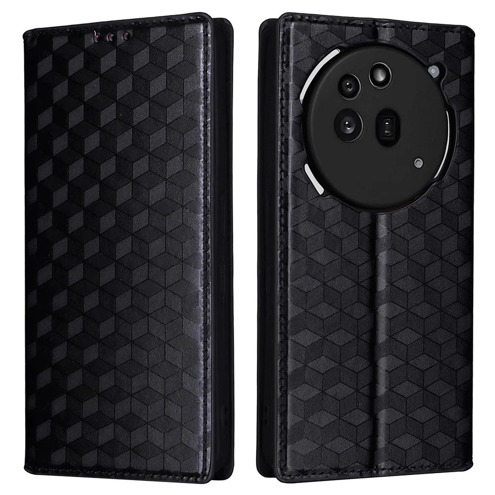 For Nothing Phone (3a) Pro Case Wallet Rhombus Imprinted Leather Phone Cover - Black - 1