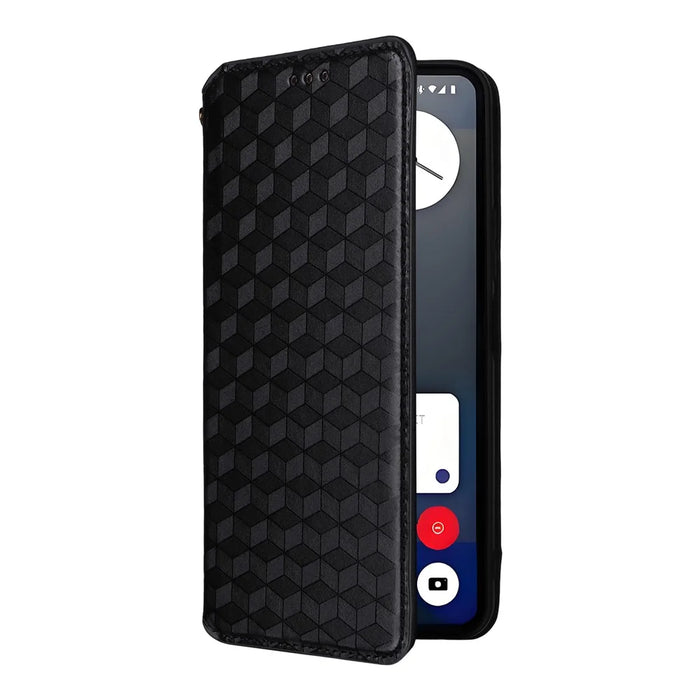 For Nothing Phone (3a) Pro Case Wallet Rhombus Imprinted Leather Phone Cover - Black - 6