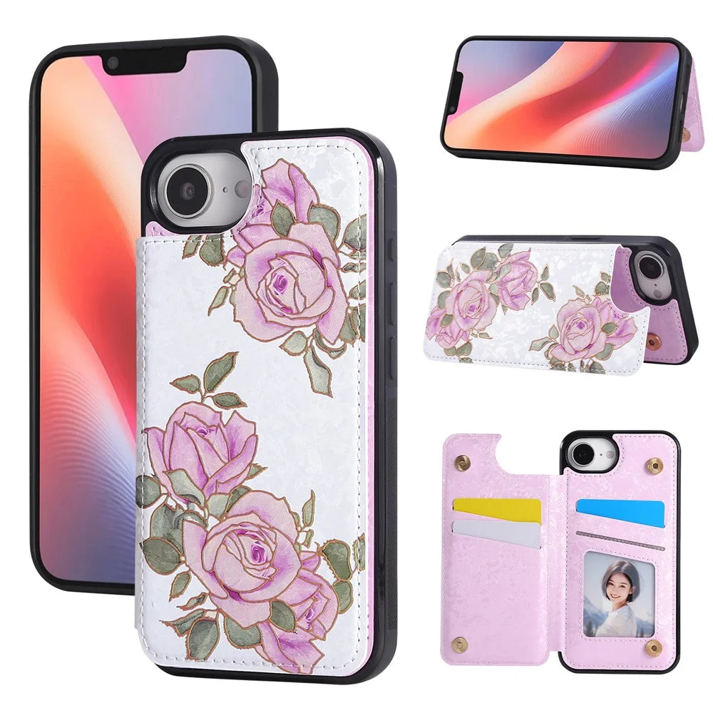 For iPhone 17e / 16e Case Flower Leather TPU RFID Blocking Phone Cover Card Slots - Rose Flower - 1