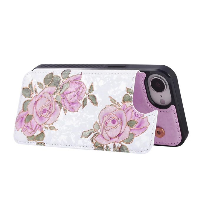 For iPhone 17e / 16e Case Flower Leather TPU RFID Blocking Phone Cover Card Slots - Rose Flower - 3