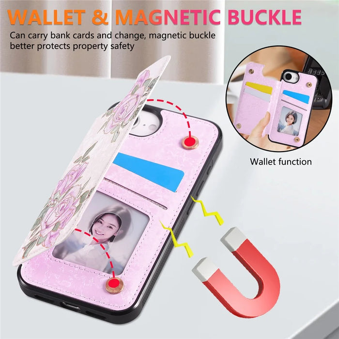 For iPhone 17e / 16e Case Flower Leather TPU RFID Blocking Phone Cover Card Slots - Rose Flower - 5