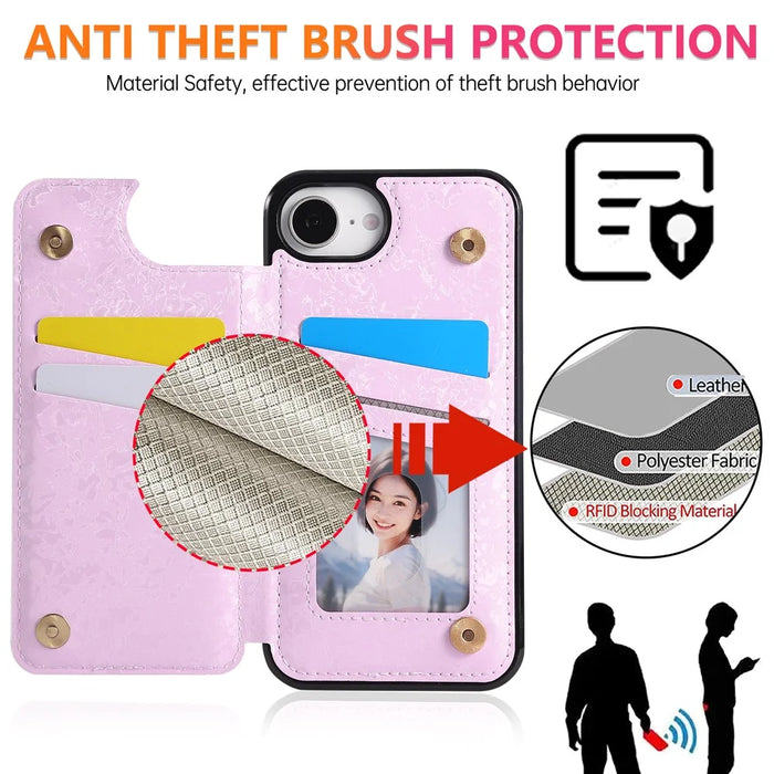For iPhone 17e / 16e Case Flower Leather TPU RFID Blocking Phone Cover Card Slots - Rose Flower - 6