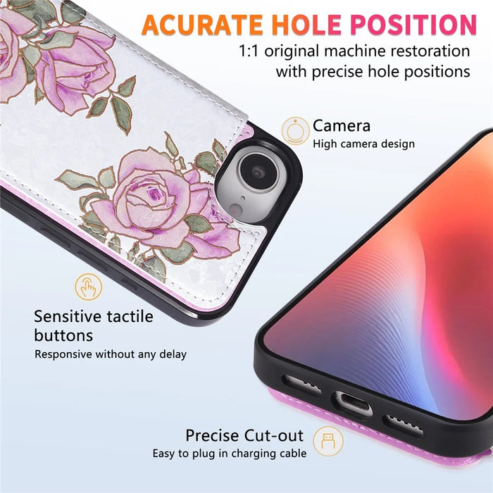 For iPhone 17e / 16e Case Flower Leather TPU RFID Blocking Phone Cover Card Slots - Rose Flower - 7