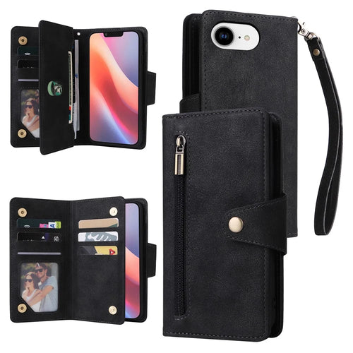 For iPhone 17e / 16e Case Zipper Wallet Leather Stand Phone Cover Rivet Decor - Black - 1