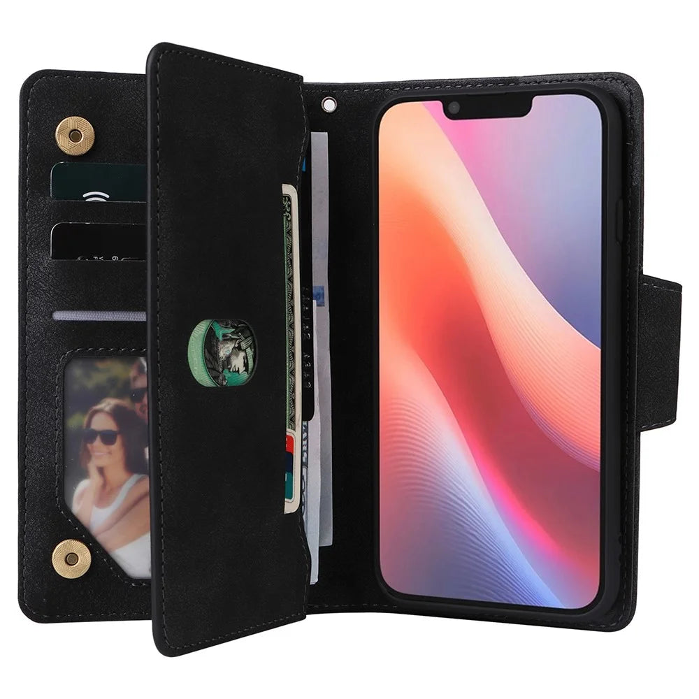 For iPhone 17e / 16e Case Zipper Wallet Leather Stand Phone Cover Rivet Decor - Black - 3