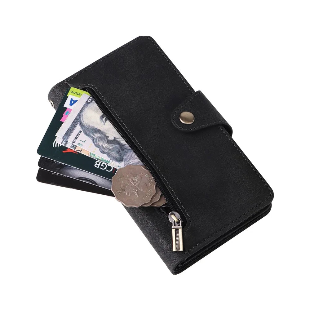 For iPhone 17e / 16e Case Zipper Wallet Leather Stand Phone Cover Rivet Decor - Black - 5