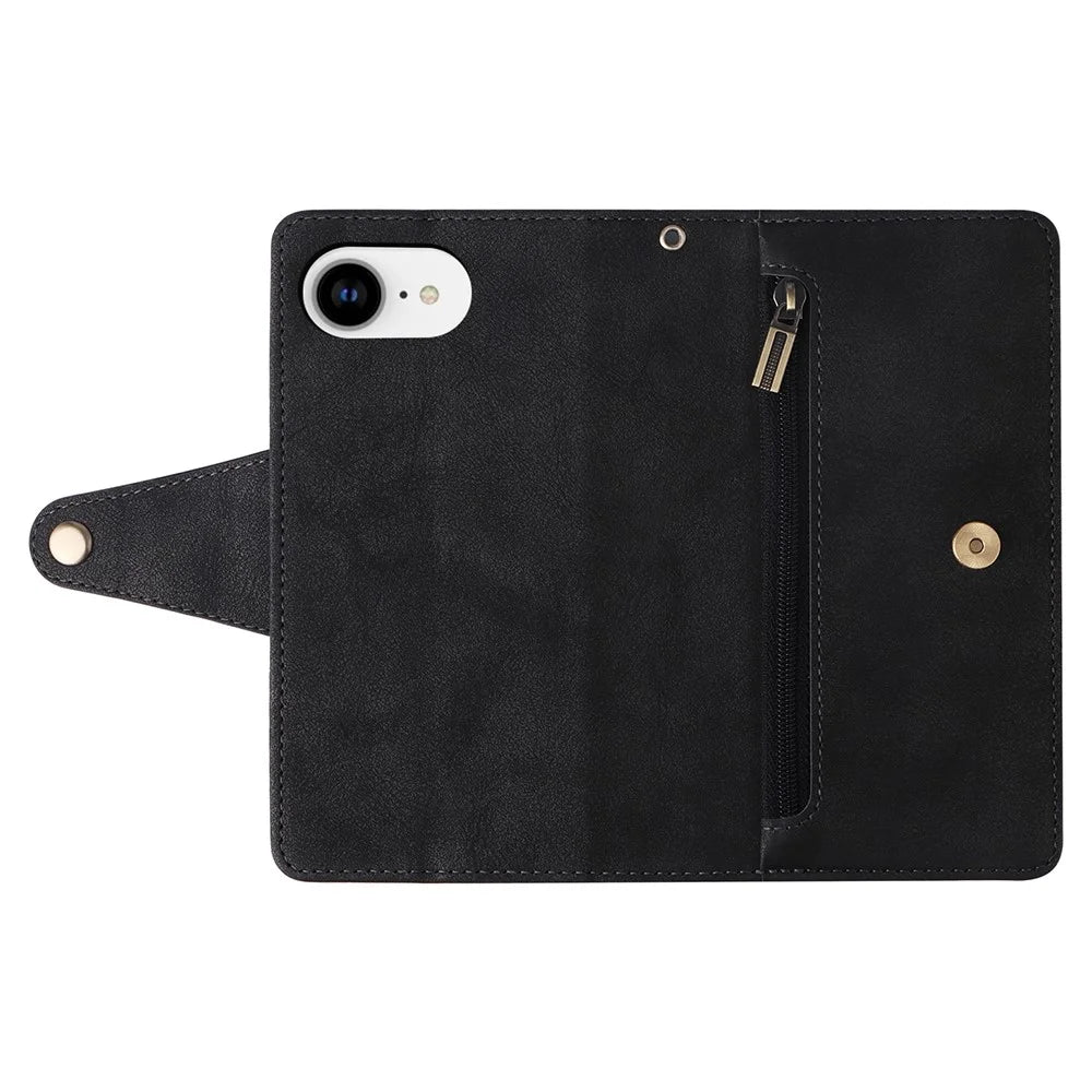For iPhone 17e / 16e Case Zipper Wallet Leather Stand Phone Cover Rivet Decor - Black - 6