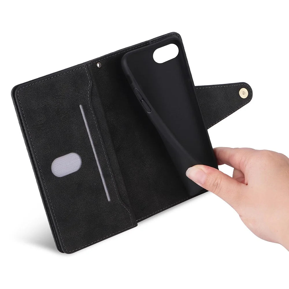 For iPhone 17e / 16e Case Zipper Wallet Leather Stand Phone Cover Rivet Decor - Black - 7