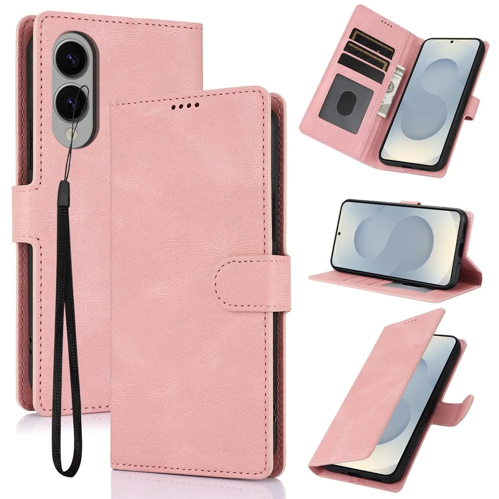 For Samsung Galaxy S25 Edge Case PU Leather Phone Cover with Wallet Stand - Pink - 1