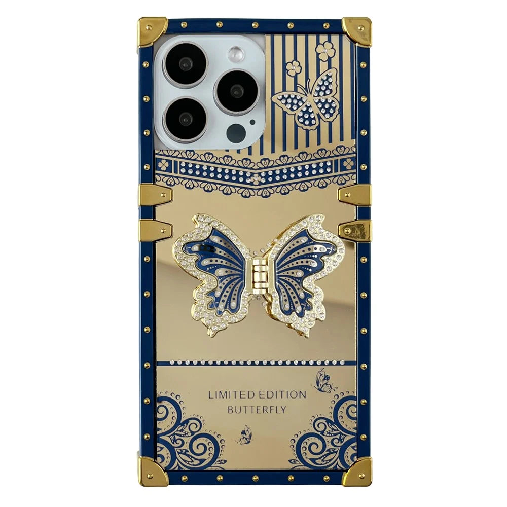 For iPhone 16 Pro Max Case Electroplated TPU + PC Phone Cover with Butterfly Kickstand - Navy Blue - 1