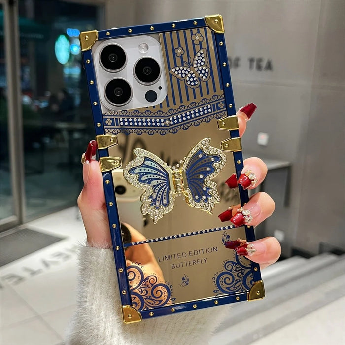 For iPhone 16 Pro Case Electroplated TPU + PC Phone Cover with Butterfly Kickstand - Navy Blue - 6