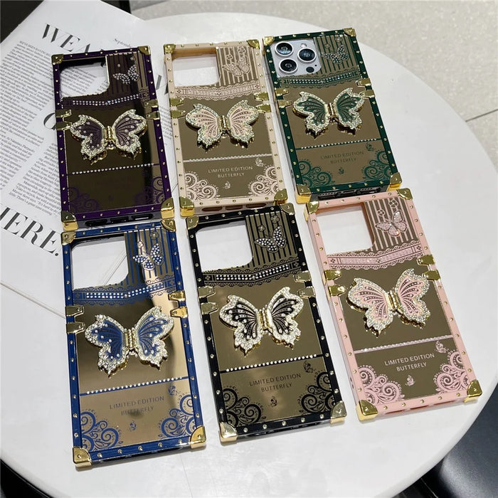 For iPhone 16 Pro Case Electroplated TPU + PC Phone Cover with Butterfly Kickstand - Navy Blue - 7