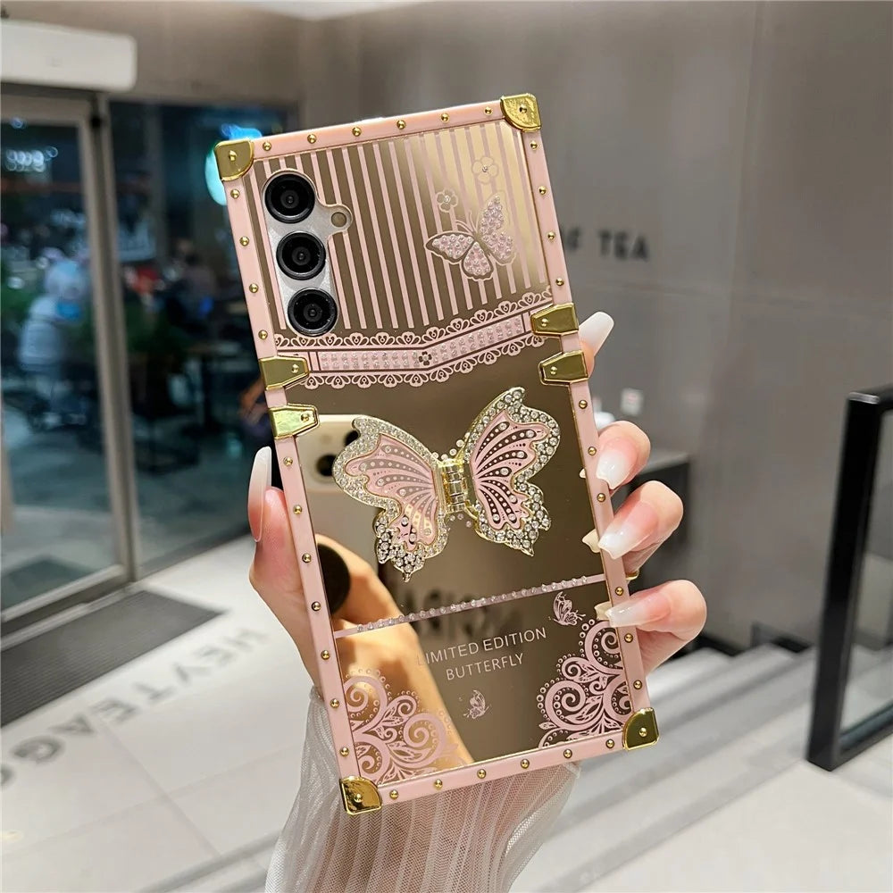 For Samsung Galaxy A55 5G Case Electroplated TPU + PC Phone Cover with Butterfly Kickstand - Pink - 5