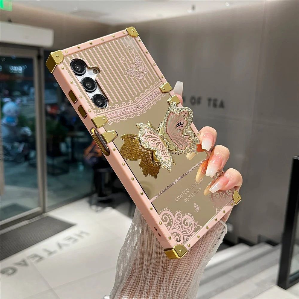 For Samsung Galaxy A55 5G Case Electroplated TPU + PC Phone Cover with Butterfly Kickstand - Pink - 6