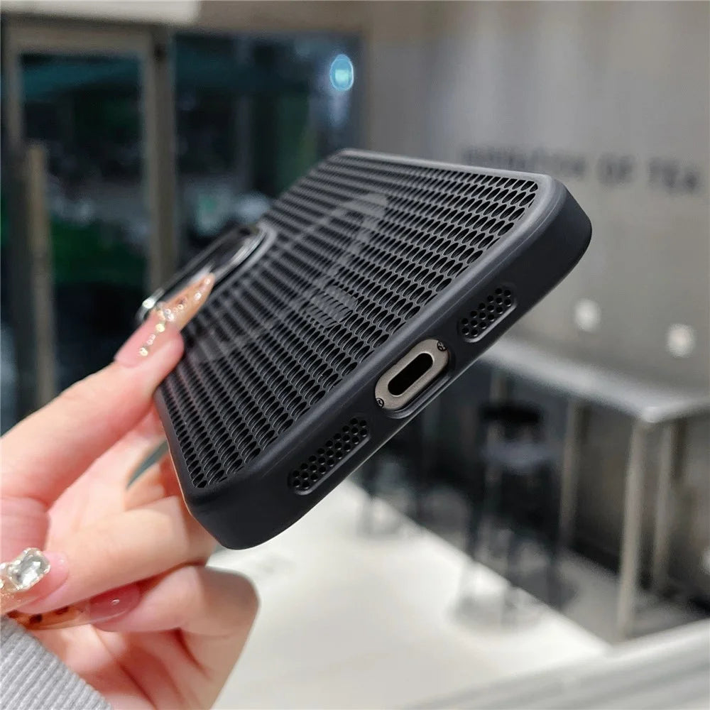 For iPhone 16 Pro Max Magnetic Case Electroplated Mesh Heat Dissipation TPU+PC Phone Back Cover - Black - 6