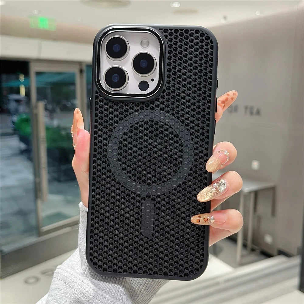 For iPhone 16 Pro Magnetic Case Electroplated Mesh Heat Dissipation TPU+PC Phone Back Cover - Black - 1