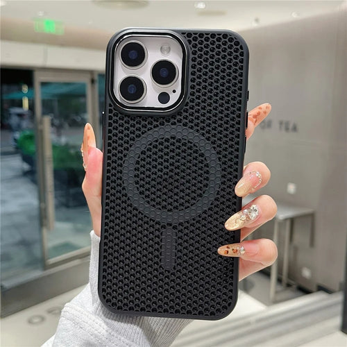 For iPhone 16 Pro Magnetic Case Electroplated Mesh Heat Dissipation TPU+PC Phone Back Cover - Black - 1