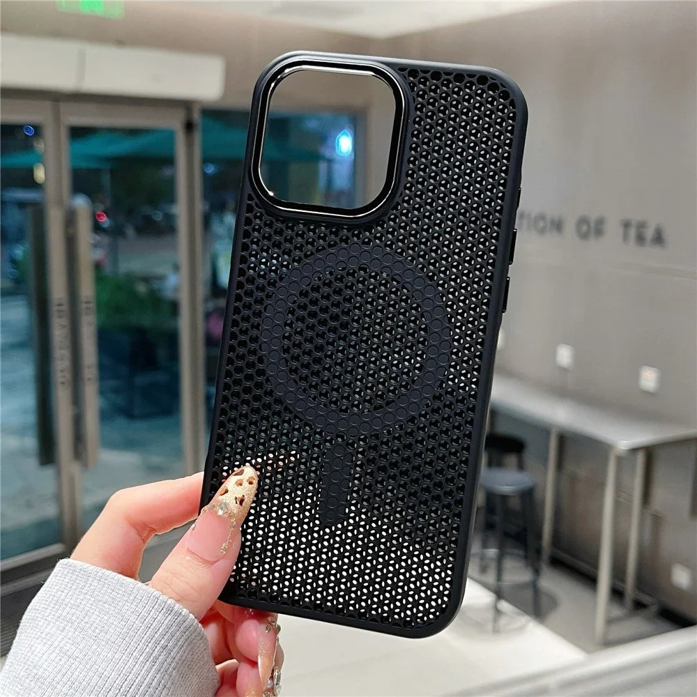 For iPhone 16 Pro Magnetic Case Electroplated Mesh Heat Dissipation TPU+PC Phone Back Cover - Black - 4