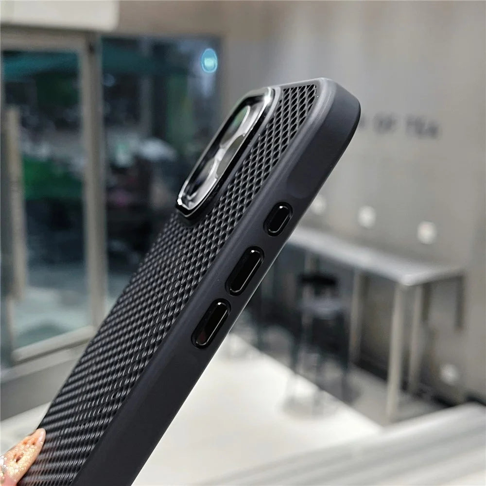 For iPhone 16 Pro Magnetic Case Electroplated Mesh Heat Dissipation TPU+PC Phone Back Cover - Black - 7