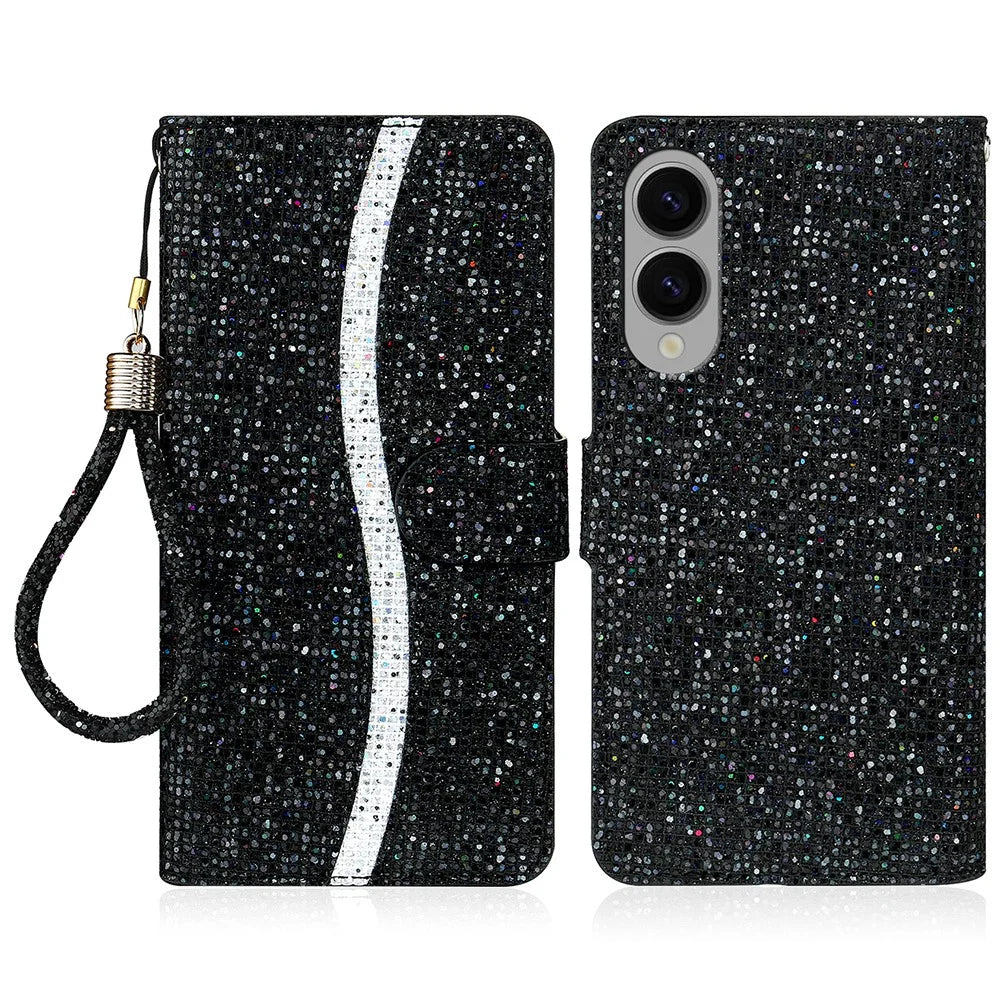 For Samsung Galaxy S25 Edge Case PU Leather Wallet Card Slots Glitter Phone Cover - Black - 1