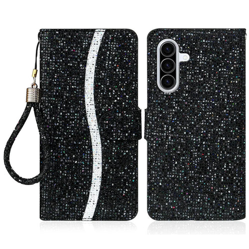 For Samsung Galaxy A56 5G Case PU Leather Wallet Card Slots Glitter Phone Cover - Black - 1